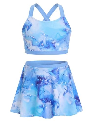 Image of JiAmy Girls Two Piece Swimsuit with Skirt Printed Bikini Set Cross Back Tankini Swimwear for Girls Kids Bathing Suit Beachwear 3-12 Years