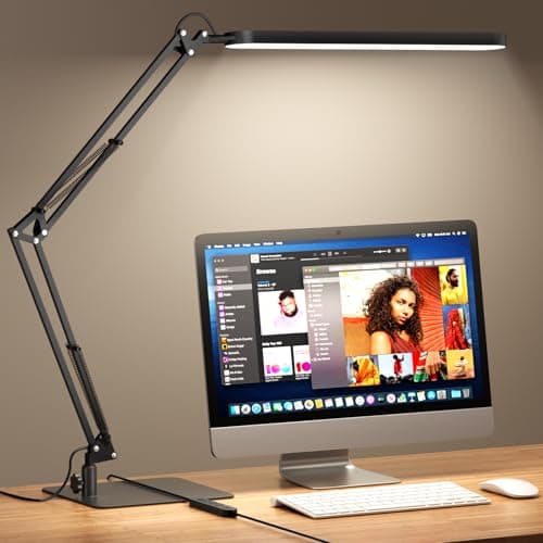 Image of SKYLEO LED Desk Lamp with Slim Base - Adjustable Swing Arm Desk Light, Dimmable, Timer, Eye Protection, Memory Function, 1300LM, 12W, Black