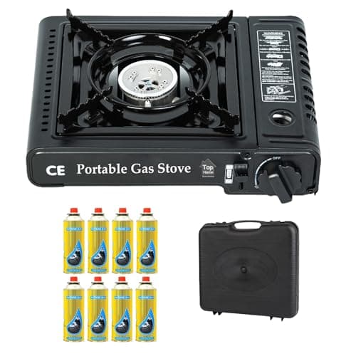 Image of Top Home Solutions® Camping Stove - Portable Gas Stove Black With Carry Case & 8 Butane Gas Canisters, Heat Control, EN417 Compliant, Auto Ignition, Camping Cooker for Picnic, Garden & Outdoor