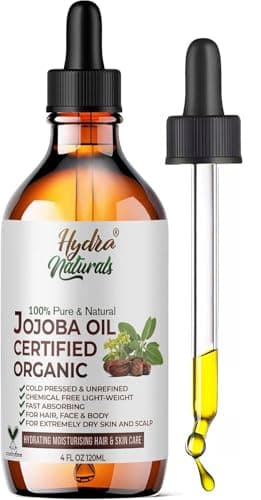 Image of Hydra Naturals 100% Organic Cold Pressed Jojoba Oil 120ml, Hexane-Free Carrier Oil for Body, Hair, Face, Beard, Skin & Nails, Massage Oil, Vegan & Cruelty Free, Fast Absorbing, Non-Comedogenic