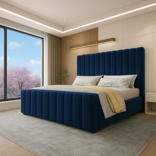 Image of Innovative Luxury Chesterfield Madrid Panel Bed Frame - Upholstered in Plush Velvet with Mattress/Gas Lift Options - UK Made (Navy Blue Plush, King size 5ft Bed Frame)