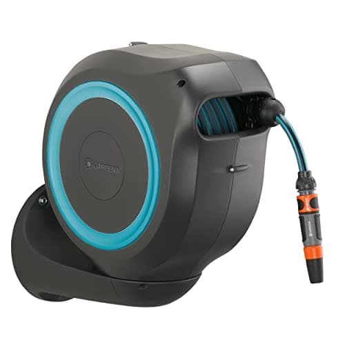 Image of Gardena Wall-Mounted Hose Box Rollup M 20 m: Flexible Watering for Medium-Sized Gardens, Swivel Hose Reel, with wall Bracket, System Parts and Nozzle, Including 20 m Gardena Hose (18610-20)