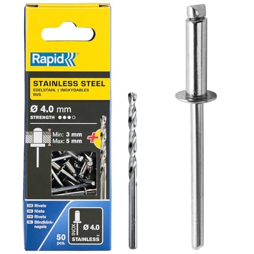 Image of Rapid High Performance Stainless Steel Rivets, Ø4 x 6 mm - 4mm Rivets for License plates, Mudguards, Metal Coverings, and Sheet Metal - Includes Drill - 50 Pieces, Boxed (5001460)