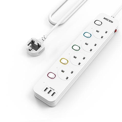 Image of Mscien 4M Extension Lead with USB Slots, 4 Way 3 USB Extension Socket with Individual Switches Mountable Power Strips with 4 Meters Extension cable 3250W