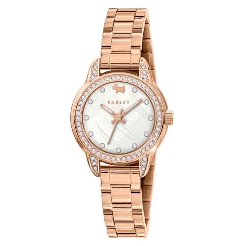 Image of RADLEY Womens Rose Gold Plated Stone Set Mother of Pearl Stainless Steel Bracelet Analogue Quartz Watch