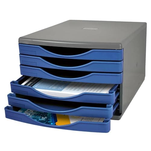 Image of Deflecto Metallic Blue Desk Drawer Set - 6 x 30mm Modern Metallic Blue - A4 Desktop Storage