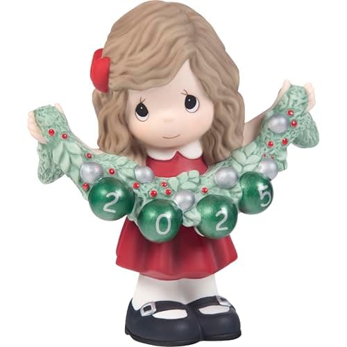 Image of Precious Moments Deck The Halls 2025 Dated Girl Bisque Porcelain Figurine – Red Dress & Garland – 251001