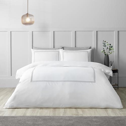 Image of Catherine Lansfield So Soft Mono Satin Stitch Single Duvet Cover Set with Pillowcase White/Silver