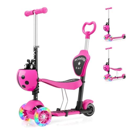 Image of YOLEO 5-in-1 Children's Scooter with Removable Cartoon Basket, Seat, Push Bar, LED, Large Wheels, Comfortable Backrest, Height-Adjustable Handlebar for Toddlers, Boys and Girls from 2 Years, pink