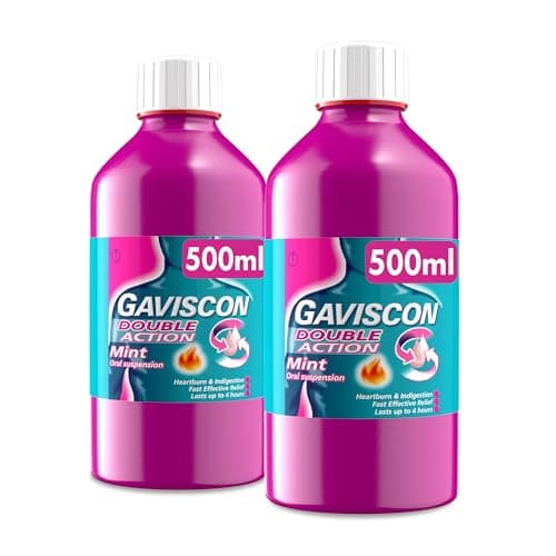 Image of Gaviscon Double Action Mint Liquid 500ml, Pack of 2 x 500ml - Heartburn & Acid Reflux Relief, Fast-Acting Formula, Protective Barrier, Suitable for Pregnancy, Digestion and Nausea