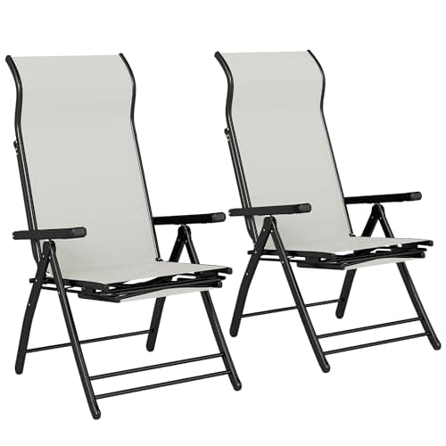 Image of Outsunny Reclining Garden Chairs Set of 2, Folding Garden Recliner Chairs with 85 cm High Back, Retractable Footrest, 5-Position Adjustable Sunloungers for Outdoor, Patio, Beach, Camping, Light Grey