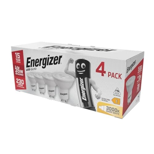 Image of Energizer GU10 LED Bulbs Warm White 3000K Light Bulb Pack of 4 – 35W Halogen Spotlight Bulb Equivalent Replacement – 230LM Energy Saving 2.4W GU10 Non Dimmable LED Bulbs