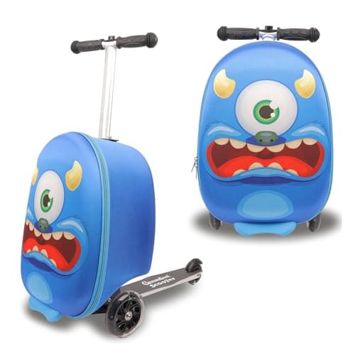 Image of M-V-O Kids Suitcase with Scooter, 2 in 1 Ride on Scooter Suitcase Cabin Approved, Durable and Non Slip, Recommended for Over 5 Years, Lightweight Foldable Luggage, 18-Inch Carry on Luggage (Monster)