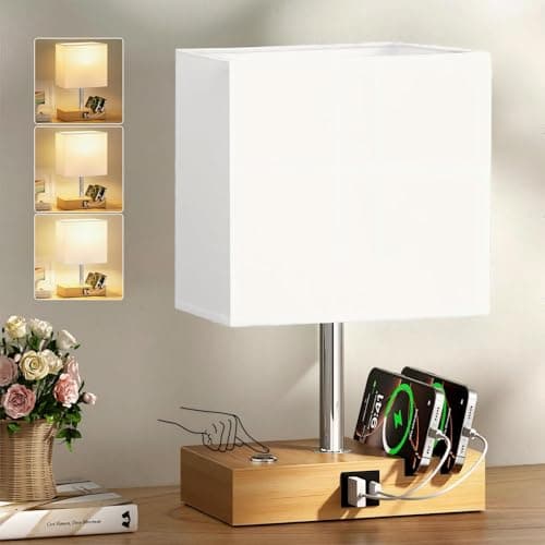 Image of PreeOtti White Table Lamp, Touch Lamps Bedside with 2 Phone Slots, Wood Charger Organizer for Bedroom, Living Room, Office (Bulb Included)