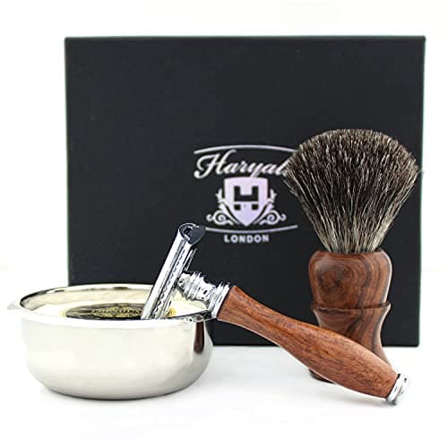 Image of Haryali London, Wooden Shaving Kit for Men – 4 Pcs Wet Shaving Set with Double Edge Safety Razor, Badger Hair Brush, Shaving Soap, Stainless Steel Bowl & Stand – Traditional Shaving Gift Set