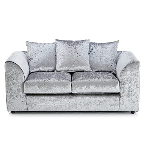 Image of Furnishings For Less UK New 2 Seater Sofa Silver Crushed Velvet Fabric Sofa | Crystal Scatter Back (Silver, 2 Seater)