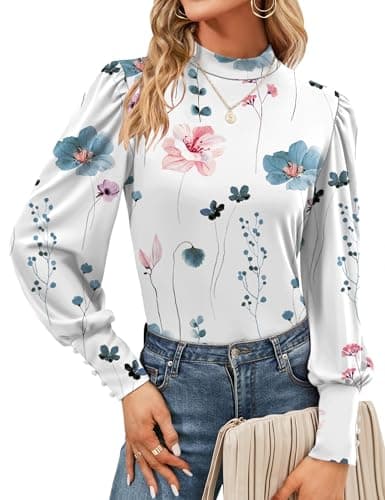 Image of Women's Turtleneck Tops Long Sleeve Puff Sleeve Blouses Fall Tunic Loose Fit Button Cuffs Shirt (20-22,White Pink Floral)