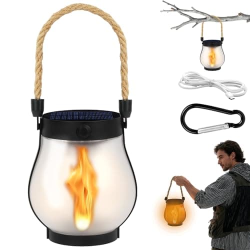 Image of Adiwo Solar Flame Hemp Rope Lantern, 1 Pack Waterproof Hanging Solar Lanterns with Carabiner, 1500 mAh, USB Dual Charging Modes, Realistic Flickering Flame for Garden Ornaments, Balconies, Yard Decor