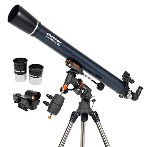 Image of Celestron 21064 AstroMaster 90EQ Refractor Telescope - includes Two Eyepieces, Erect Image Diagonal, Height-adjustable Tripod and Deluxe Accessory Tray, Dark Blue