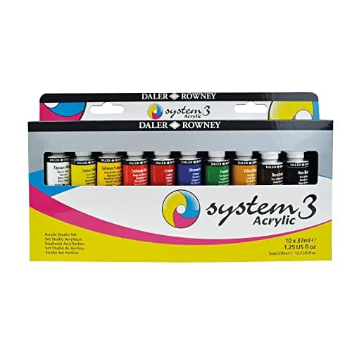 Image of Daler-Rowney System3 Acrylic 37ml Paint Studio Set, 10 Assorted Vibrant Colours + 1 System3 Acrylic Brush, Ideal for Professional Artists & Students