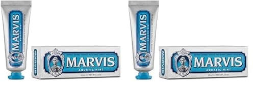 Image of Marvis Aquatic Mint Travel Size Toothpaste, 25 ml, Sensational Flavoured Toothpaste Helps Remove Plaque with Long-Lasting Freshness (Pack of 2)