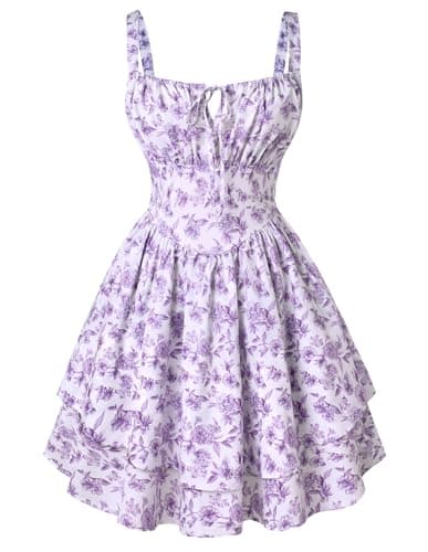 Image of SCARLET DARKNESS Women Mini Summer Dresses Spaghetti Strap Corset Dress Beach Sundress Victorian Milkmaid Dress Dark Purple Floral S