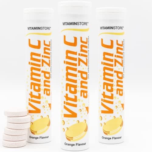 Image of Vitamin Store Vitamin C and Zinc Effervescent Tablets - 3 Packs of 20 Orange Flavoured Fizzy Dissolvable Tablets for a Healthy Immune System - Vegan - One-a-Day VIT C and Zinc Supplement