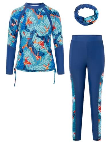 Image of Girls Long Sleeve Rash Guard Children Two Piece Swimsuit Top & Pants Sun Protection Swimwear for Beach Pool Blue Orange Leaves 13-14 Years