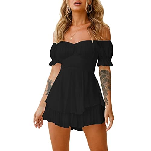 Image of Qianderer Women Boho Romper Dress Off Shoulder Tie Back Flowy Swing Ruffle Dress with Shorts Layered Pirate Jumpsuit Playsuits (Ba Black, XL)