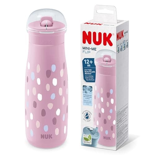 Image of NUK Mini-Me Flip Toddler Cup with Straw | 12+ Months | 450 ml | Kids Water Bottle | Leak-Proof Toughened Spout | Shatter-Proof | Pink Paint Dabs