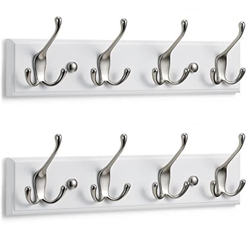 Image of LARHN Wall-Mounted Coat Rack (2-Pack) - 4 Matt-Nickel Triple Coat Hooks for Wall on White Wooden Bamboo Base - 42 cm - All Fixings Included