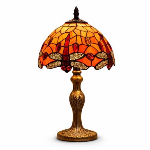Image of Loxton Lighting Tiffany Style Table Lamp – 20cm Dragonfly Stained Glass Shade, 35.5cm Tall Bedside Lamp, Antique Bronze Base, E14 LED Compatible, Vintage Desk Lamp for Bedroom Living Room