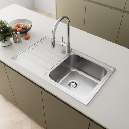 Image of SÄUBER® 860 x 500mm Stainless Steel Kitchen Sink Single One 1.0 Bowl Inset Drop in Installation, Left Hand Drainer, 18/8 Grade Steel Sinks, Free Basket Strainer Waste