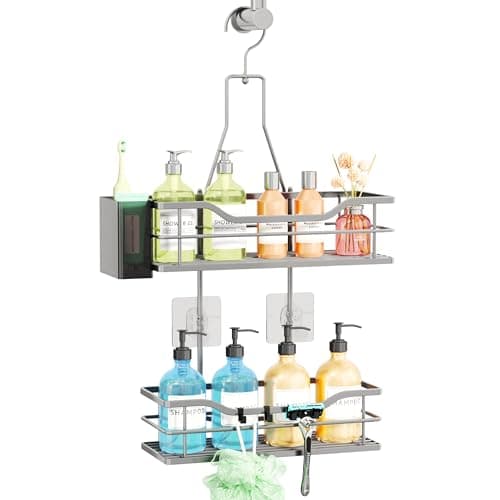 Image of SWTYMIKI Shower Caddy Hanging Organiser- 2-Tier No Drill Shower Organiser with 360° Rotating Hook, Rustproof Stainless Steel Bathroom Shower Storage Shelf for Shampoo, Conditioner, Toiletries