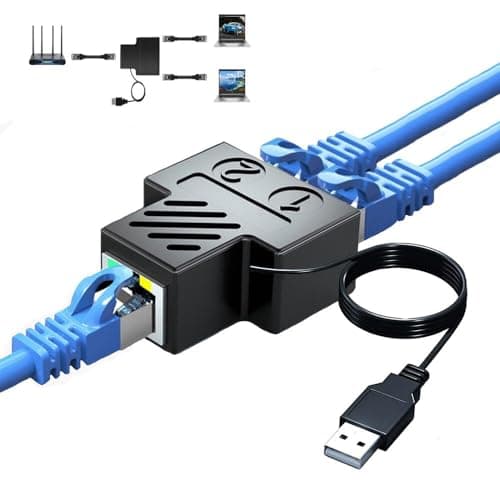 Image of RJ45 Network Splitter Adapter,Wuedozue 1 to 2 Dual Female USB to RJ45 Port with USB Power Cable LAN Interface Ethernet Socket Connector 8P8C Extender Plug Go Online Simultaneously for Cat6, Cat7