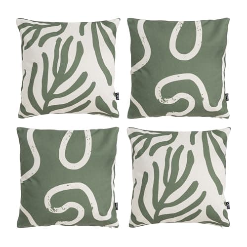 Image of icon Indoor Outdoor Cushions Filled, Kyoto Collection, Leaf and Squiggle Print, Set of 4, 43cm x 43cm, Water Resistant, Outdoor Cushions for Garden Furniture, Lounge, Garden, Patio