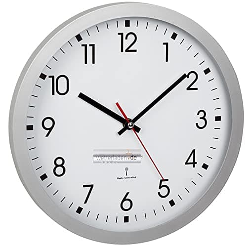 Image of TFA Dostmann Analogue Radio-Controlled Wall Clock, 60.3522.02, with Second Hand, Glass Cover, Large Dial, 30 cm Diameter, Silver with Battery