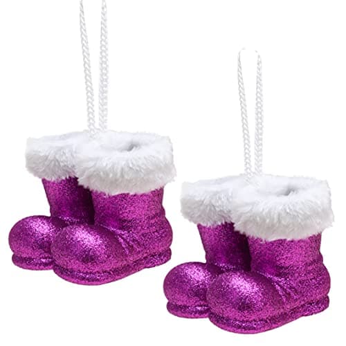 Image of Christmas Concepts® Pack of 2–100mm (4") Glitter Hanging Santa Boots With White Fur Trim – Christmas Tree Trims/Baubles (Purple)