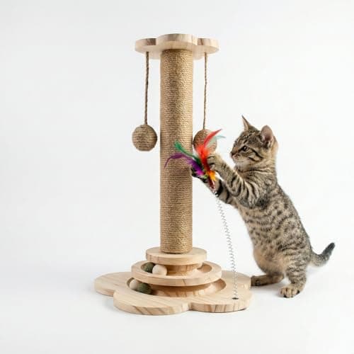 Image of Yunova Wooden Cat Scratching Post for Kittens,4-in-1 Interactive Activity Centre with Track Balls, Feathers & Catnip - Natural Jute Rope Scratcher for Indoor Cats - Sturdy Non-Slip Base, 45cm