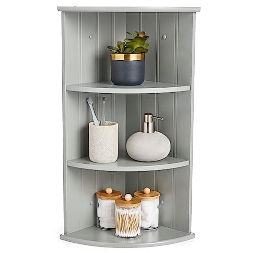 Image of VonHaus Corner Shelf Unit - Grey 3 Tier Bathroom Shelving - Freestanding or Wall Mounted Display Shelves & Decor Stand - Tongue & Groove Modern Storage for Bathroom, Living Room, Kitchen, Hallway