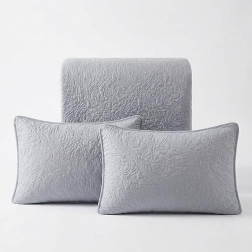 Image of StylemyBedroom Ultrasonic Floral Bedspread Set - Soft Microfiber Quilted Coverlet for All Seasons - Includes Matching Pillow Shams (Gray, King (U.K. Standard))
