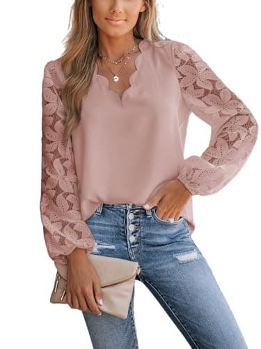 Image of CUPSHE Women Blouse Floral Lace Scalloped Top Long Sleeve V Neck Elegance Shirt Pink M