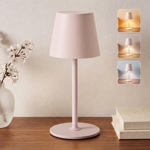 Image of UPXNBOR Rechargeable Table Lamp, Night Light, LED Battery Bedside Desk Lamp for Bedroom/Living Room - 3 Color Stepless Touch Dimmable, Full Metal Body, IP54, 2 Height Options, 5300mAh - Pink Beige