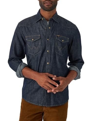 Image of Wrangler Men's Iconic Regular Fit Snap Shirt Button, Rinse Denim, XL