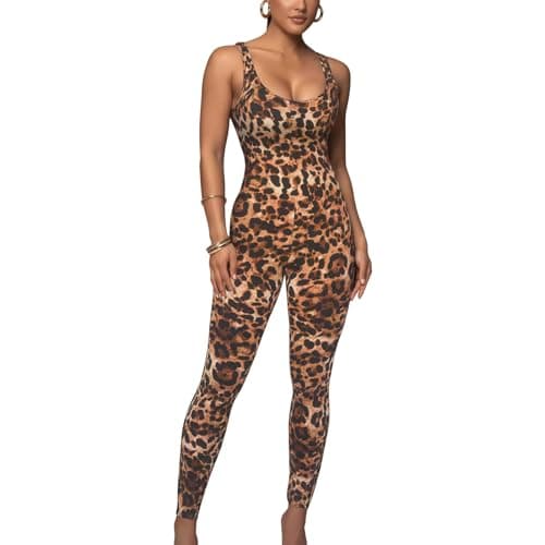 Image of Leopard Print Romper for Women, Sleeveless U Neck Spaghetti Strap One Piece Jumpsuits, Stretchy Full Body Unitard Bodysuit Party Club Going Out, Slim Fit Yoga Playsuit for Workout Fitness Daily Wear