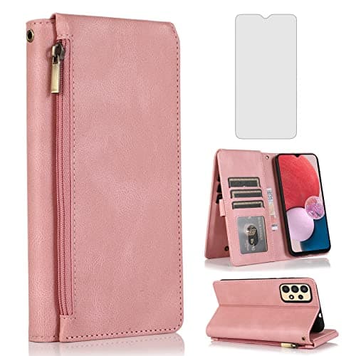 Image of Asuwish Compatible with Samsung Galaxy A13 4G Wallet Case Tempered Glass Screen Protector Zipper Leather Flip Cover Card Holder Stand Cell Phone for Gaxaly A 13 LTE 2022 13A SM-A135U Women Rose Gold