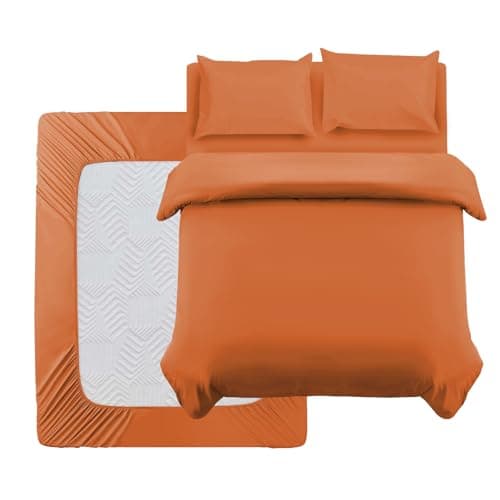 Image of Oxford Homeware Double Duvet Set Rust Brushed Microfiber 4 Piece Double Bedding Set with Fitted Sheet and Pillowcases Soft Breathable Duvet Cover Sets