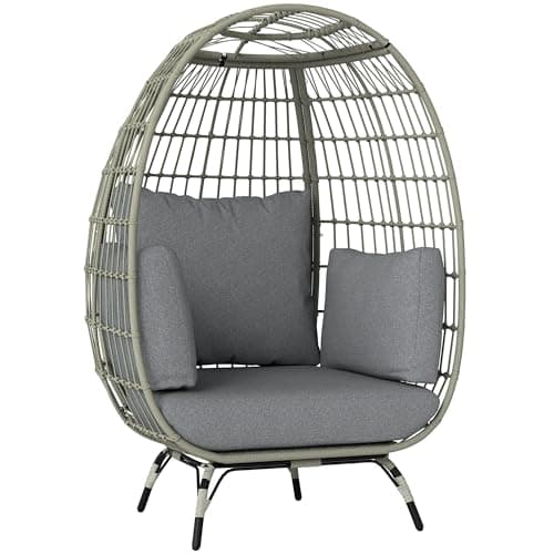 Image of Outsunny Oversized Garden Egg Chair, Outdoor Wicker PE Rattan Chair with Thickened Padded Cushions and Pillows for Balcony, Porch, Charcoal Grey