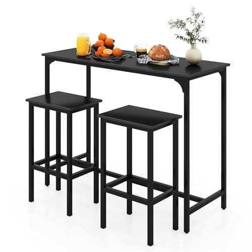 Image of GiantexUK 3PCS Bar Table Set, Metal Frame Breakfast Bar Set with Spacious Tabletop, H-Shaped Structure & Footrests, Industrial Counter Height Table and Stools for Dining Living Room (Black)