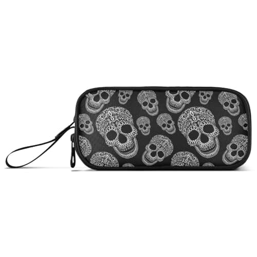 Image of Large Pencil Case, Big Capacity Pencil Bag Pen Pouch Holder 3 Compartments, Skull Print School Office Supplies Stationery Makeup Bag Storage Organizer for Students Girls Boys Women